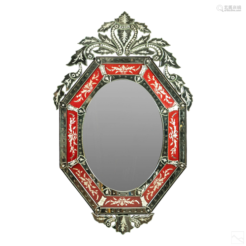 Venetian Glass Rare Red & Clear Etched Wall Mirror