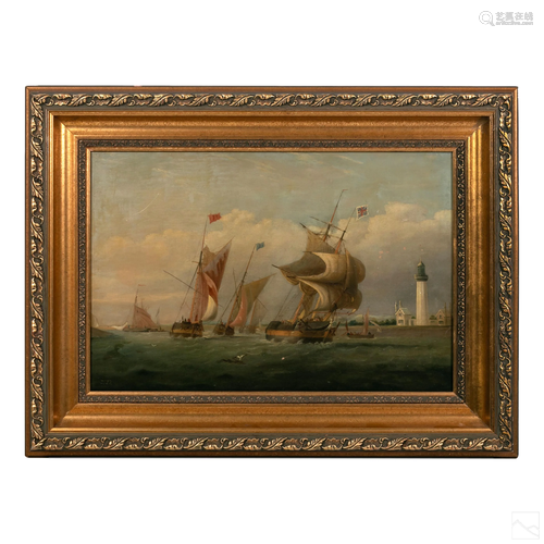 J.D. (19thC) Merchant Ship Lighthouse Oil Painting