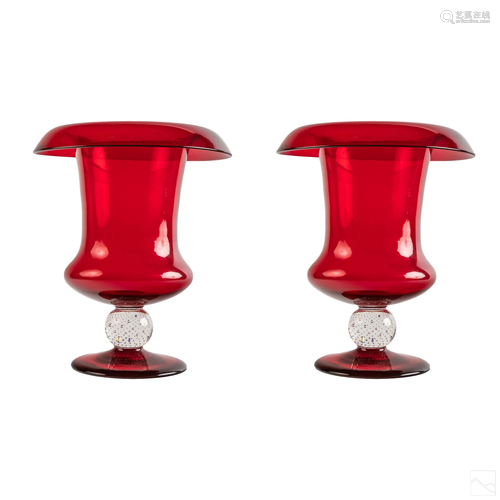 Pairpoint Red Controlled Bubble Art Glass Vases