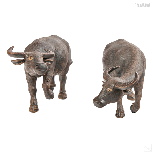 Chinese Stoneware Pottery Buffalo Bison Sculptures