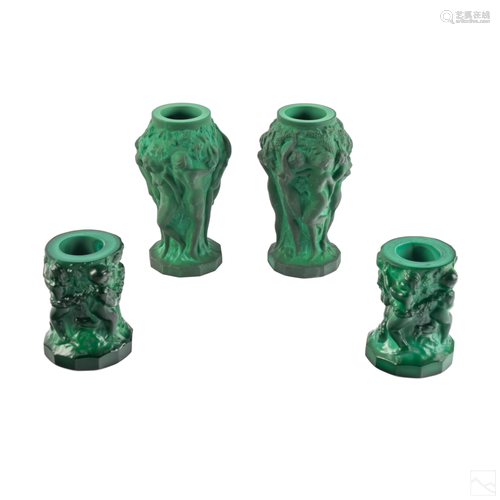 Bohemian Czech Malachite Glass Figural Vases Group