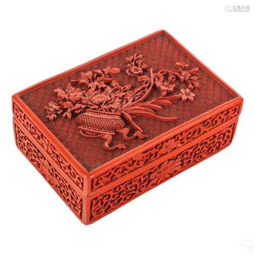 Chinese Vintage Floral Carved Cinnabar Covered Box