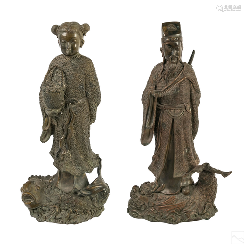 Chinese Immortal Allegorical Bronze Sculpture Pair