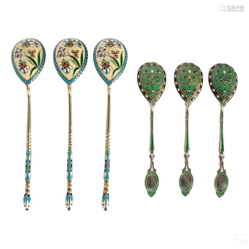 Russian Floral Enameled 88 Silver Tea Spoons GROUP