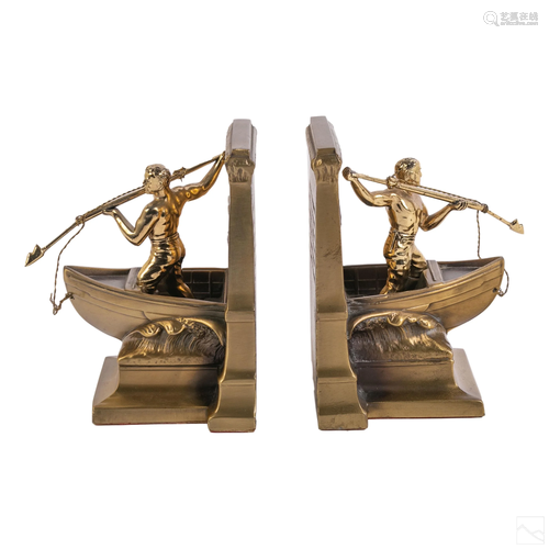 Bronze Whaler Bookends Sculpture after Bela Pratt