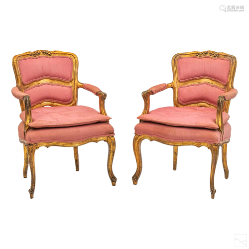 Victorian Blush Pink Upholstered Wooden Arm Chairs