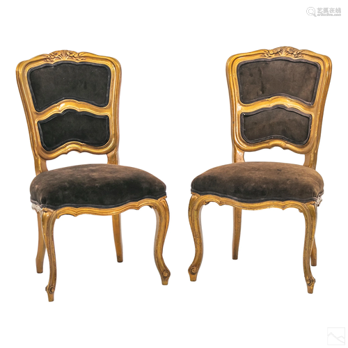 French Gilt Wood & Brown Velvet Dining Room Chairs