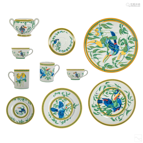 Hermes Paris Toucans Pattern Glazed China 14pc LOT