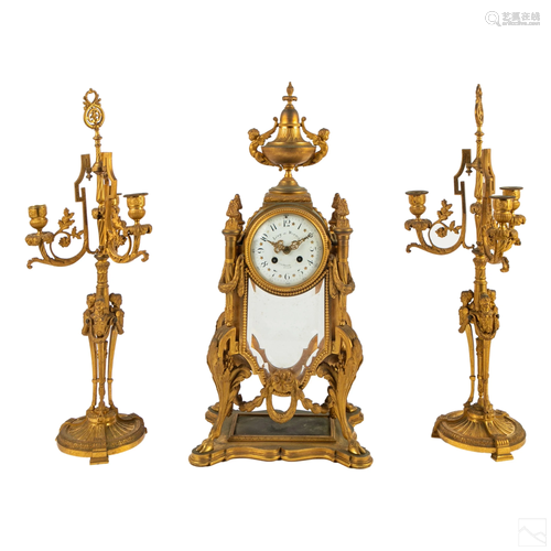 French Dore Bronze Antique Clock & Candelabras Set