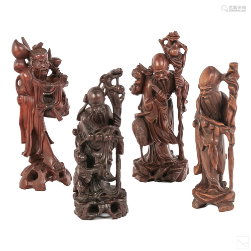 Chinese LOT 4 Hand Carved Wood Scholar Sculpture