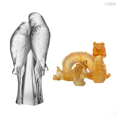 Lalique Dragon and Daum Parrot Crystal Figurines