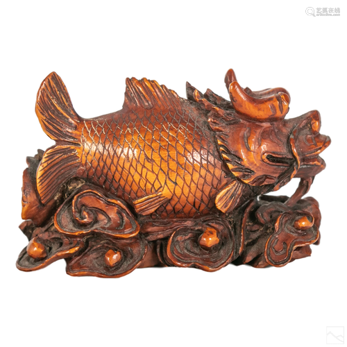 Chinese Antique Carved Wood Carp Dragon Sculpture