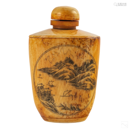 Chinese Vintage Scrimshaw Landscape Snuff Bottle