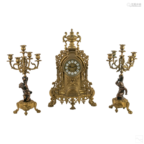 Neoclassical Bronze Mantel Clock & Candelabra Set