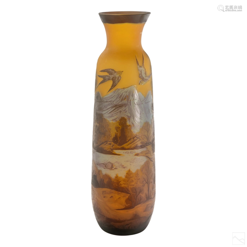 Cameo Glass Monumental Landscape Vase after Galle