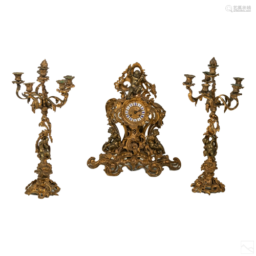 French 19th Cen Antique Bronze Clock & Candelabras