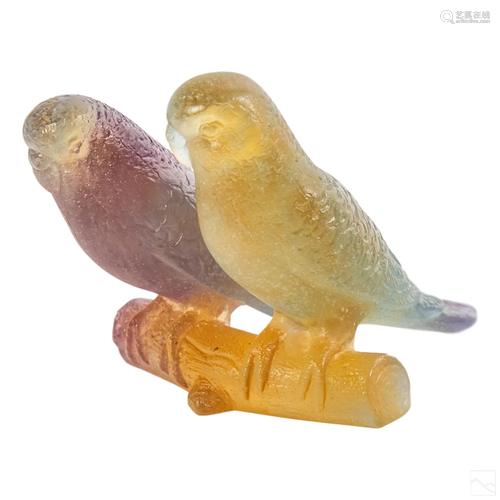 Daum Crystal Polychrome Lovebirds Figurine and Box