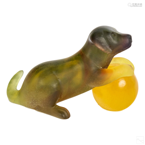 Daum Pate De Verre Art Glass Dog Figurine with Box