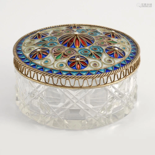 Norwegian silver and pliquel enamel lidded crystal box