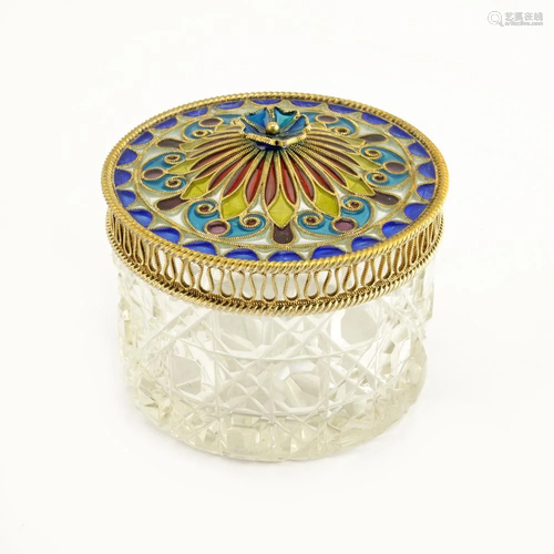 Norwegian silver & plique enamel lidded cut vanity jar