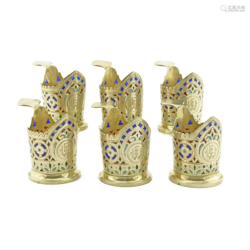 6 Kuzmichev Plique Enamel miniature Tea Glass Holders