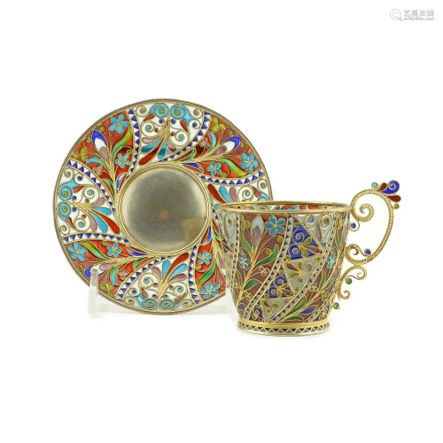Marius Hammer Silver and Plique Enamel Cup and Saucer