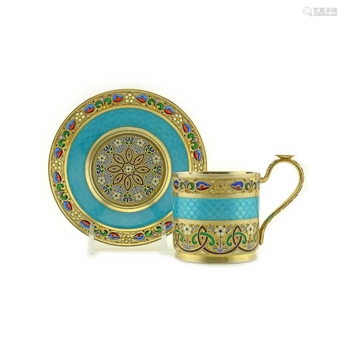 11th Artel Silver Enamel Plique Cup and Saucer