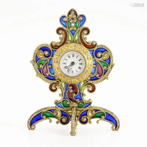 Austrian silver gilt andplique-a-jour enamel desk clock