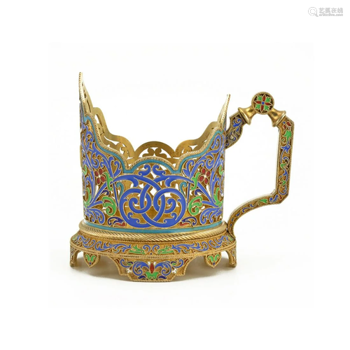 Grachev silver-gilt & cloisonné enamel tea glass holder