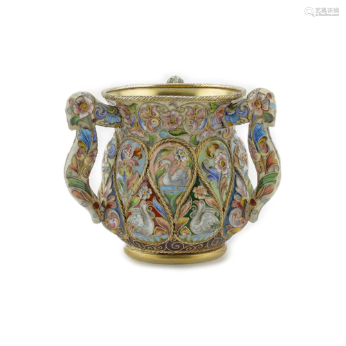 Feodor Ruckert silver and enamel 3 handled cup