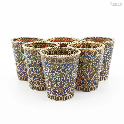 Set of 6 Ovchinnikov Plique Enamel Beakers