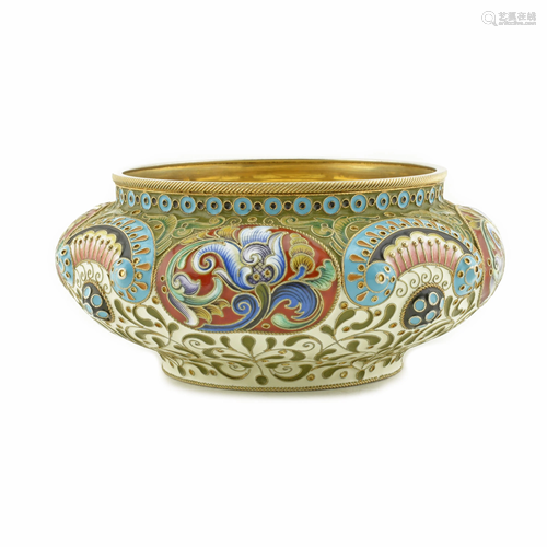 Russian gilded silver and shaded cloisonné enamel bowl