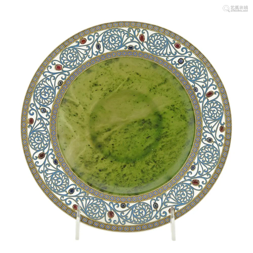 Antique Russian enamel, gemstone and nephrite plate