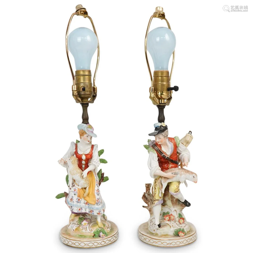 Pair of Dresden Porcelain Figurine Table Lamps