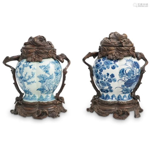 Bronze Mounted Chinese Blue and White Porcelain Urns