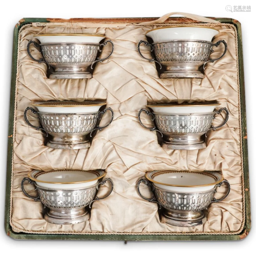 (6 Pc) Antique Lenox Porcelain and Sterling Teacups