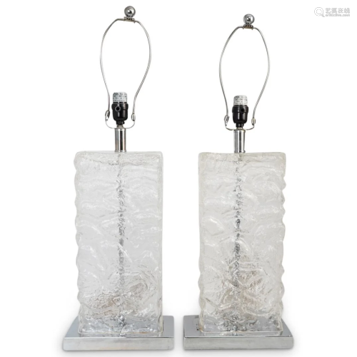 (2 Pc) Mid Century Crackle Glass Table Lamps