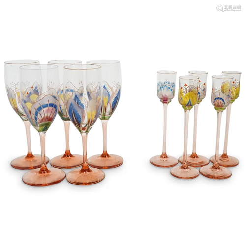 (10 Pc) French Hand Painted Glass Stemware