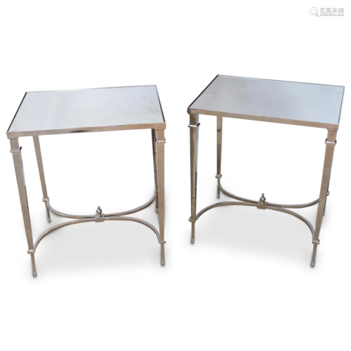 (2 Pc) Designer Modern Chrome & Mirror Side Tables