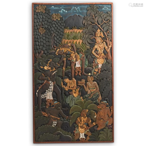 Balinese Carved Wood and Polychrome Panel