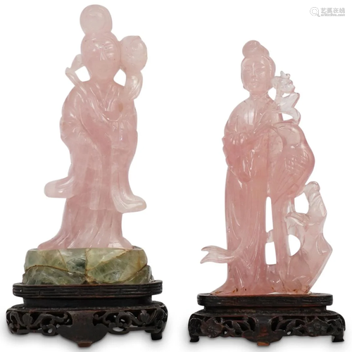 19th Cent. Chinese Rose Quartz Gun Yin Figures