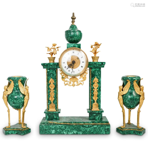 French Empire Malachite & Gilt Bronze Clock Garniture