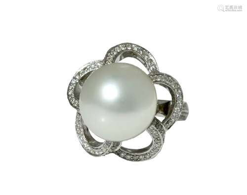 18 Karat White Gold, Diamond and Cultured Pearl Ring