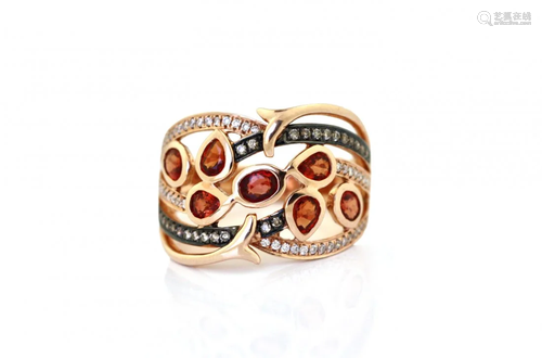 Fourteen Yellow Gold Colored Stone and Diamond Ring