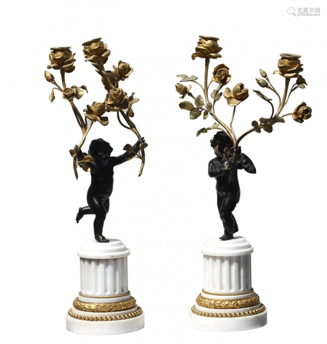 Pair Cherub Bronze and Gilt-bronze Candelabrum