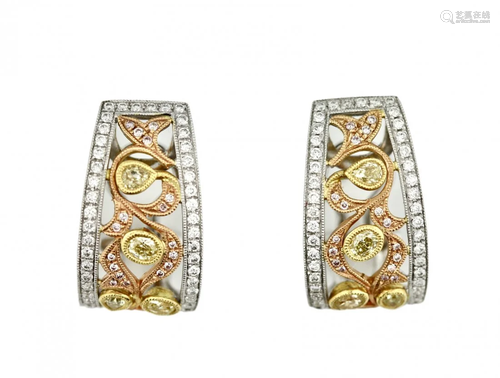 Pair of Diamond and Yellow Diamond Earrings