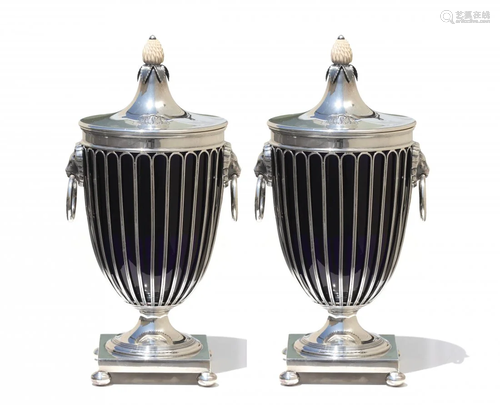 A Pair of English Silver Vases and Covers