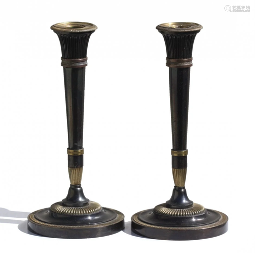 Pr Neoclassical Parcel Gilt Polished Steel Candlesticks