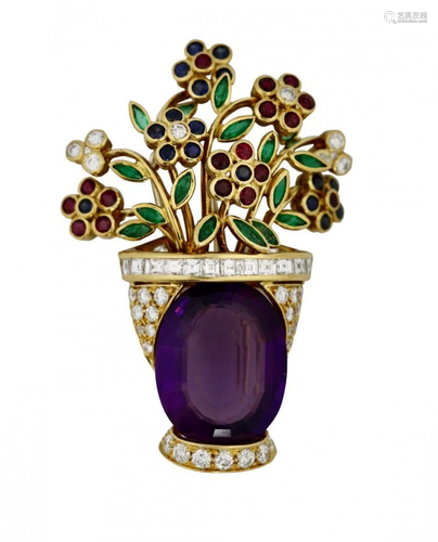 18 Karat Gold Amethyst and Diamond Brooch