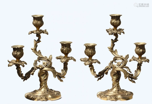 Pair Louis XV Style Gilt-Bronze Three Light Candelabra